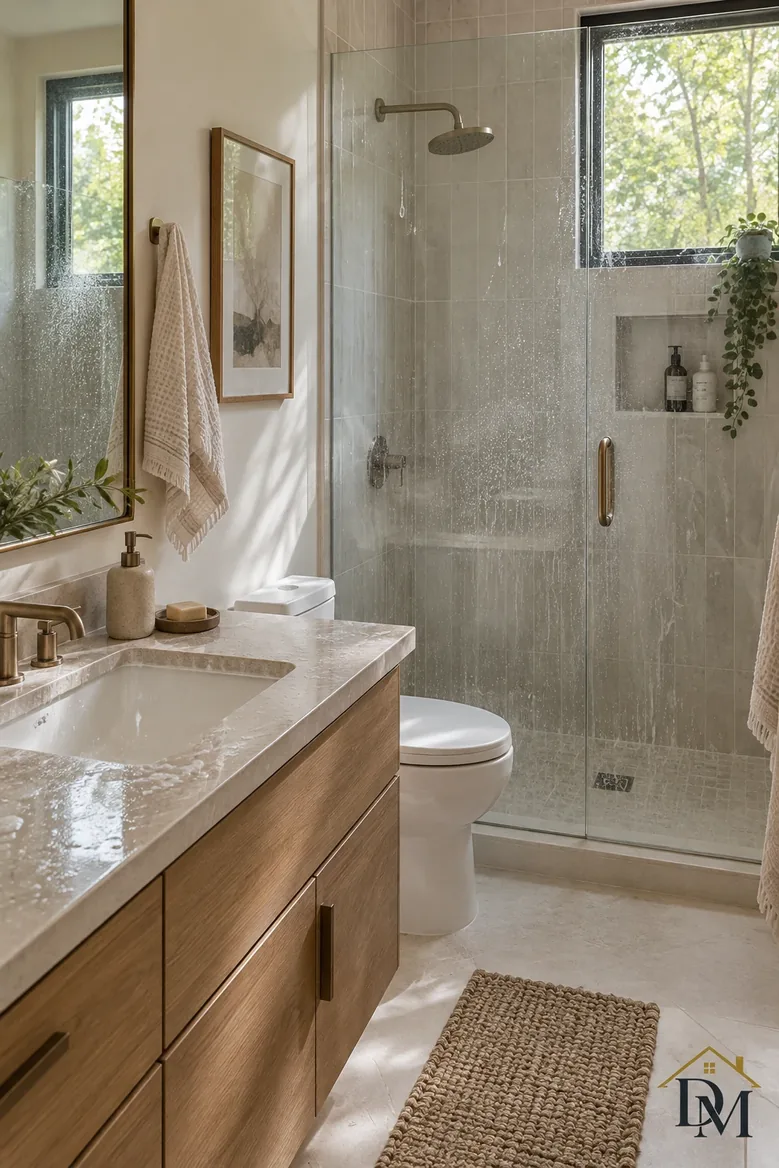 Between visits: a towel ends up draped over the vanity.