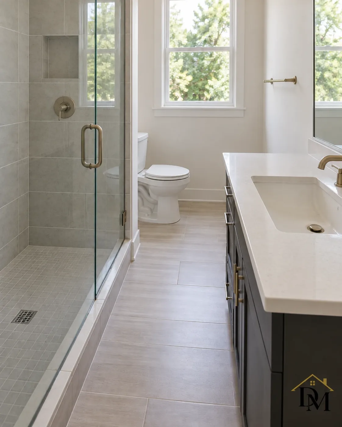Set for move-in: the tile floor clear from shower to vanity.