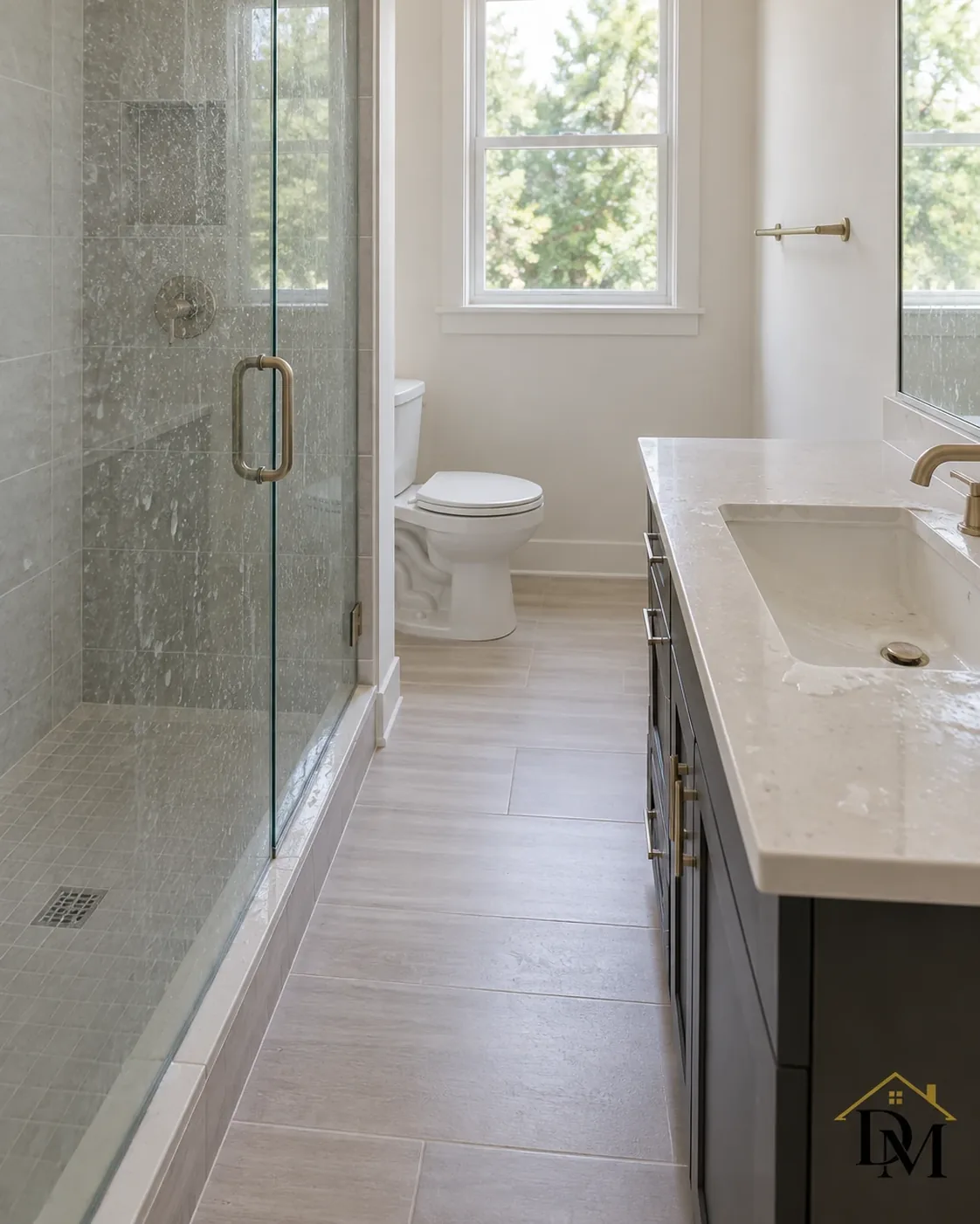 Ahead of move-in: a caddy sitting on the tile near the gray double vanity.