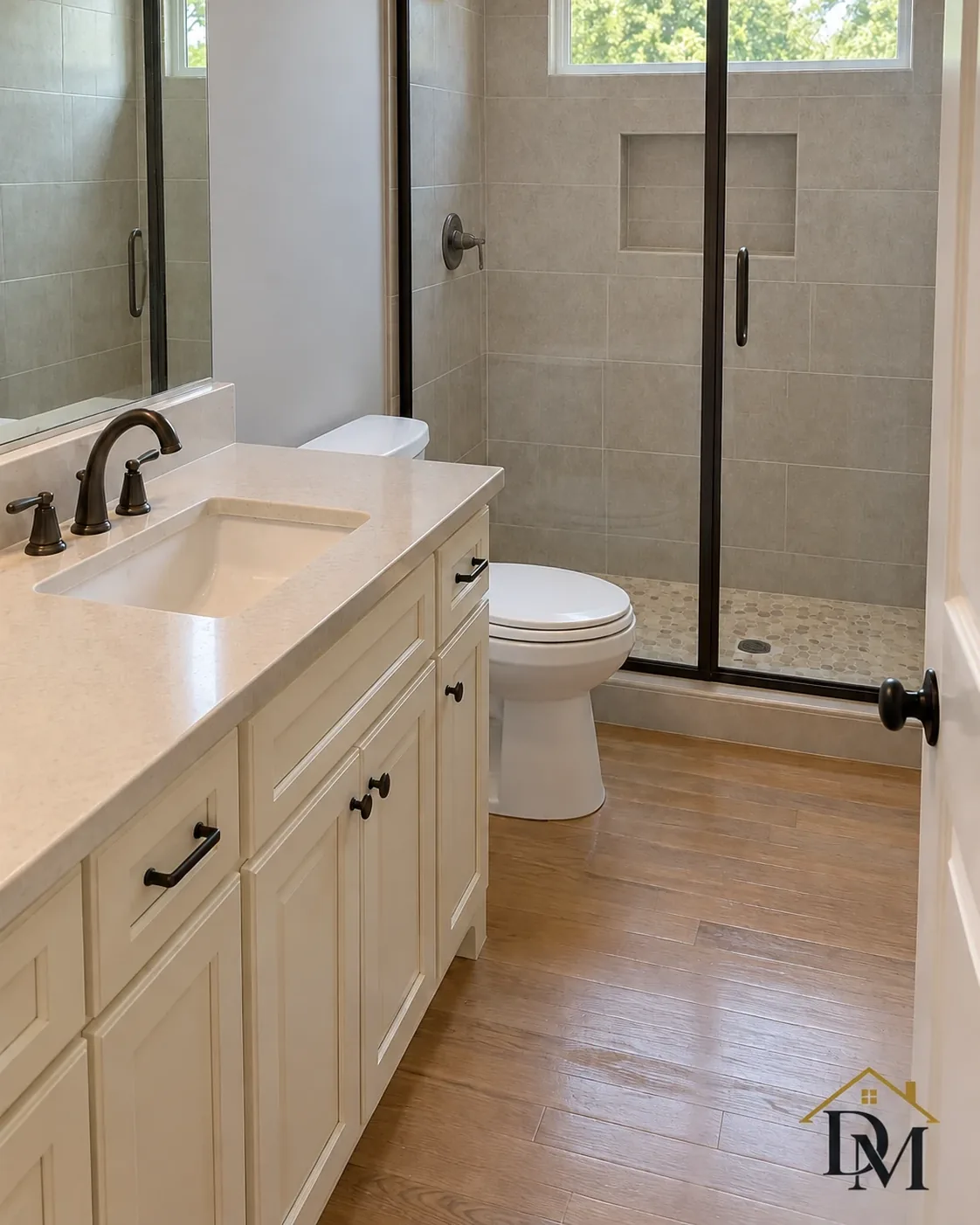 Key return, view B: tile floor clear by the gray vanity.