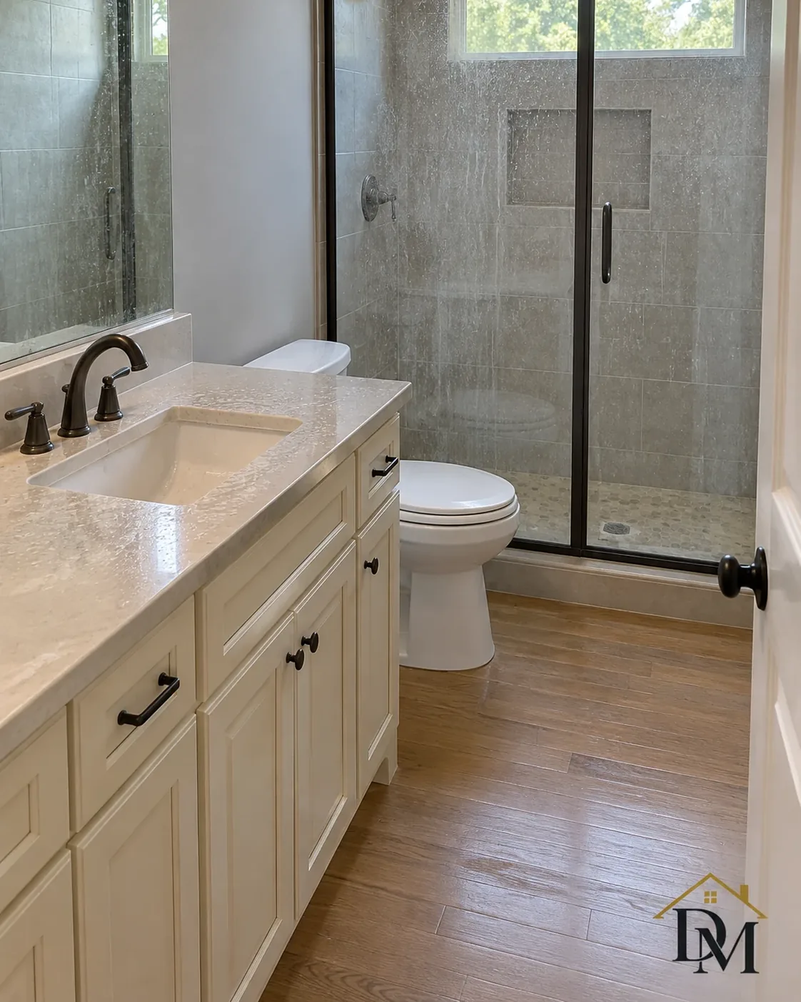 Key return, view A: a caddy of supplies on the bathroom tile.