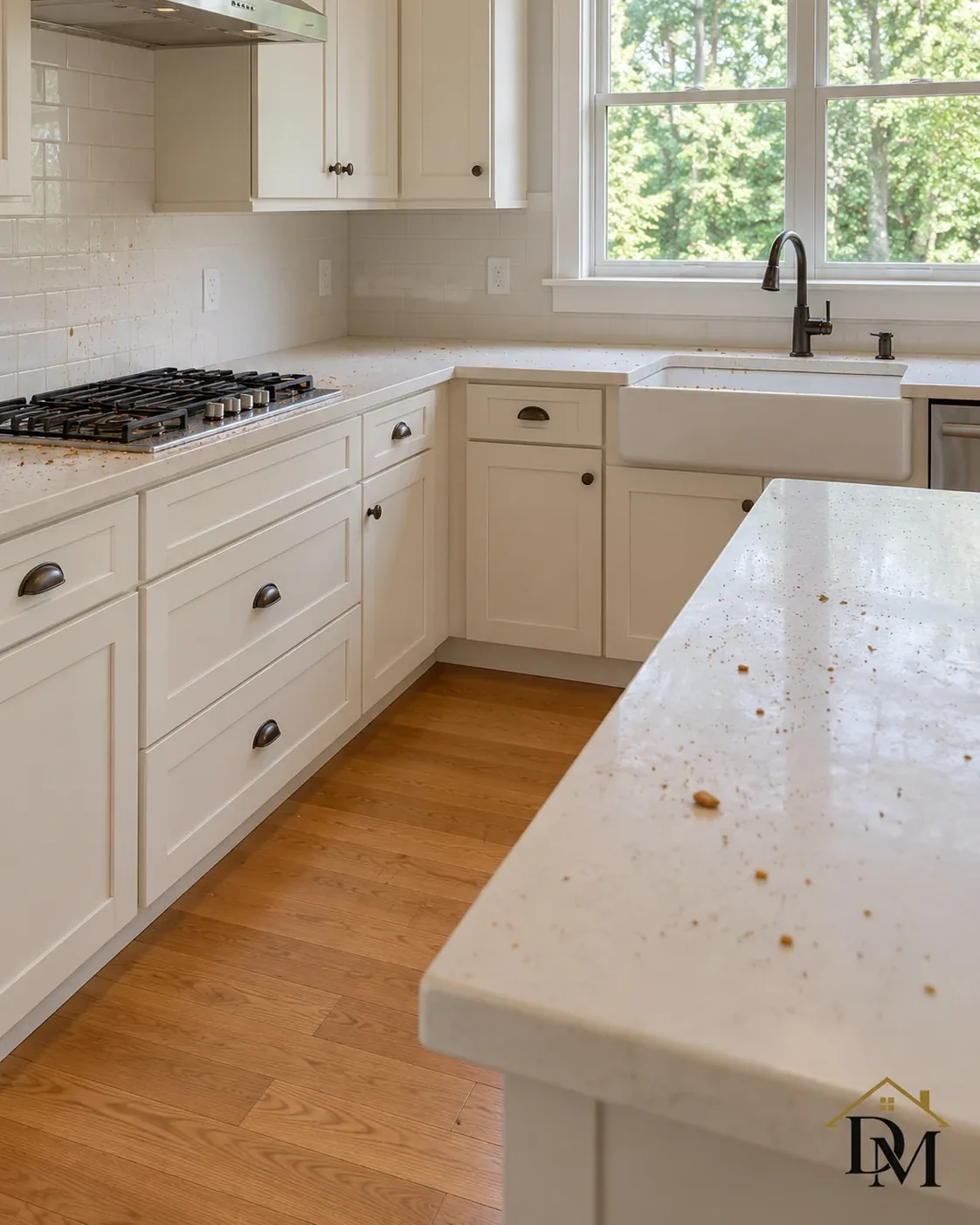 Key return, view A: the cleaning caddy on the pale wood floor.