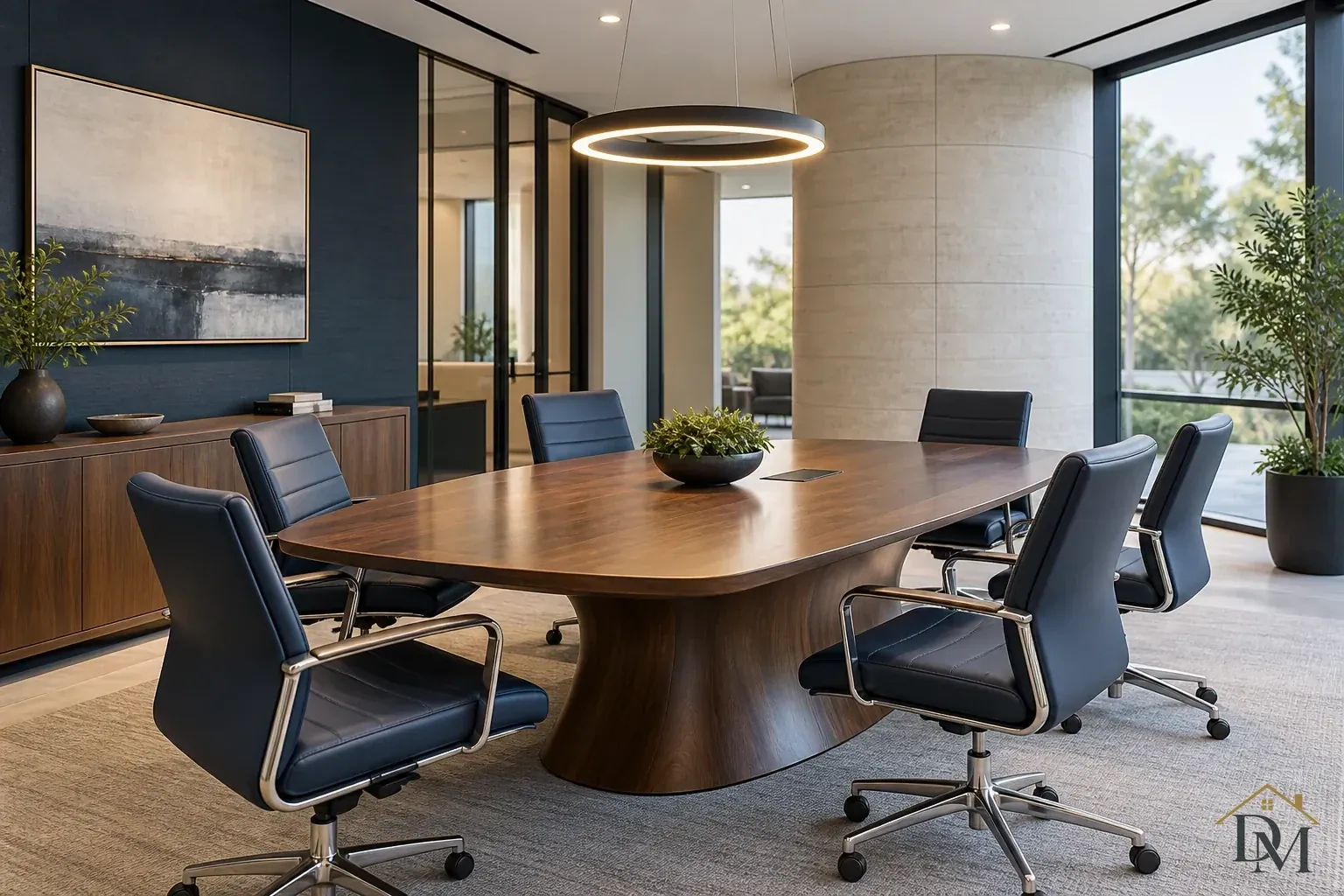 Wood conference table with dark blue rolling chairs beneath a ring pendant, beside a blue wall, abstract art and tall windows.