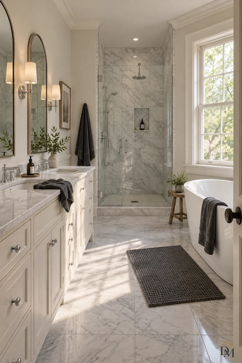 View A: a dark towel hanging over the edge of the marble vanity.