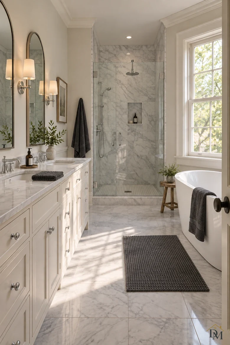 View B: the dark towel folded flat on the vanity top.