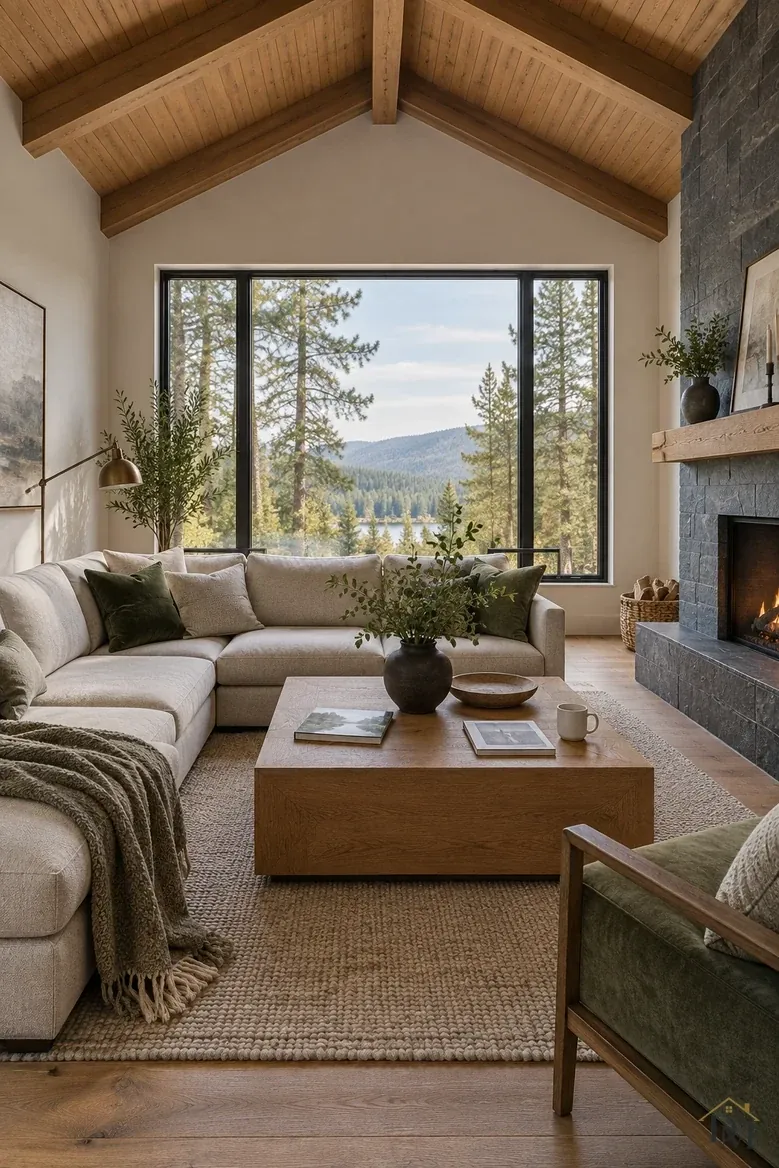 View A: a green knit throw over the sectional and books and a mug on the wooden block table.