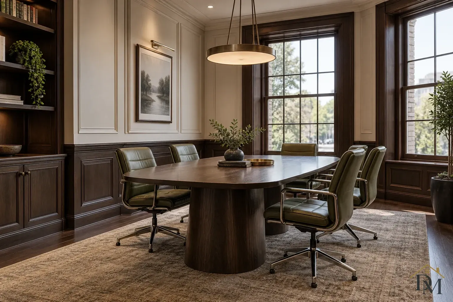 Wood conference table with green rolling chairs beneath a round brass pendant, beside tall windows, paneled walls and built-in bookcases.