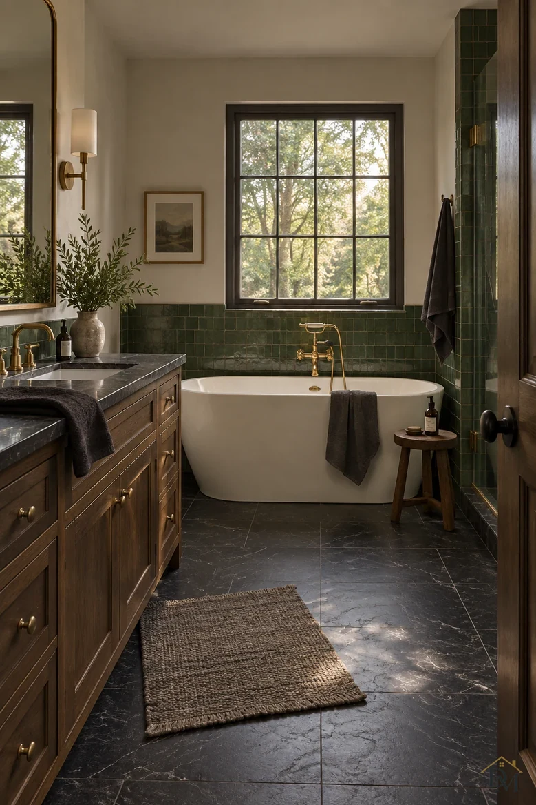 View A: a dark towel over the vanity counter and the mat pushed at an angle.