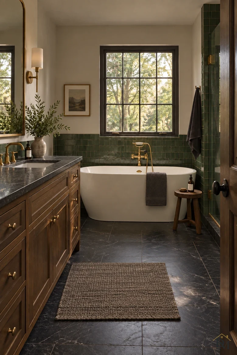 View B: vanity counter clear and the mat squared up by the tub.