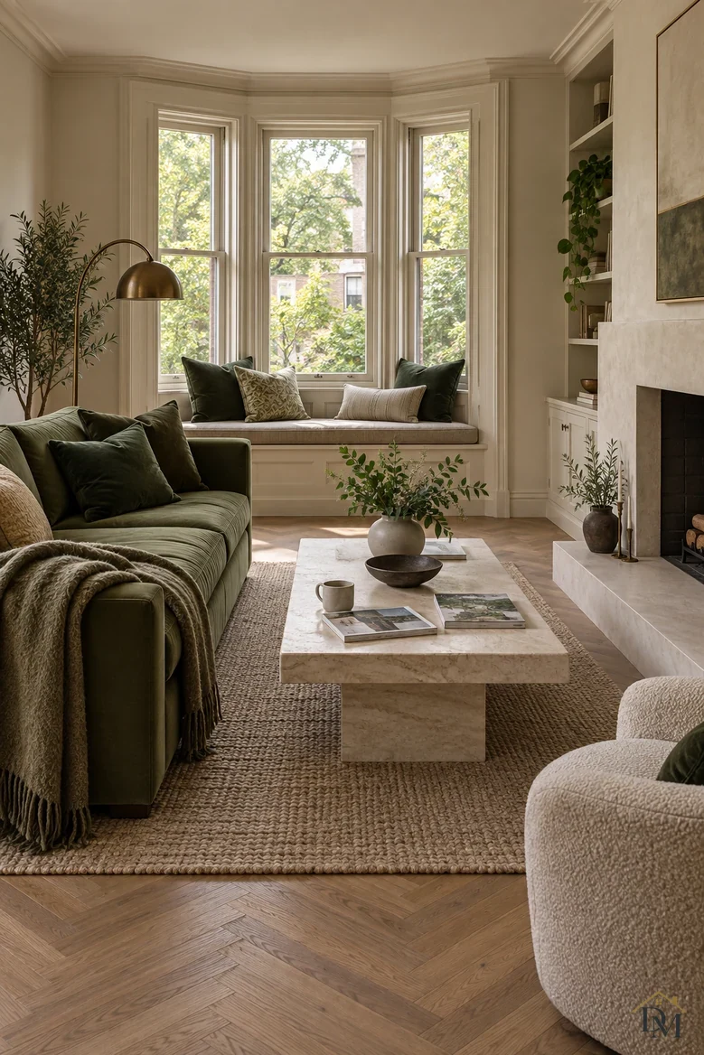 View A: a green throw over the velvet sofa, a mug and magazines on the marble coffee table.