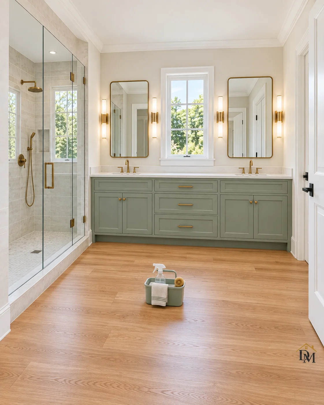 At handoff, view A: supplies on the floor beside the sage double vanity.
