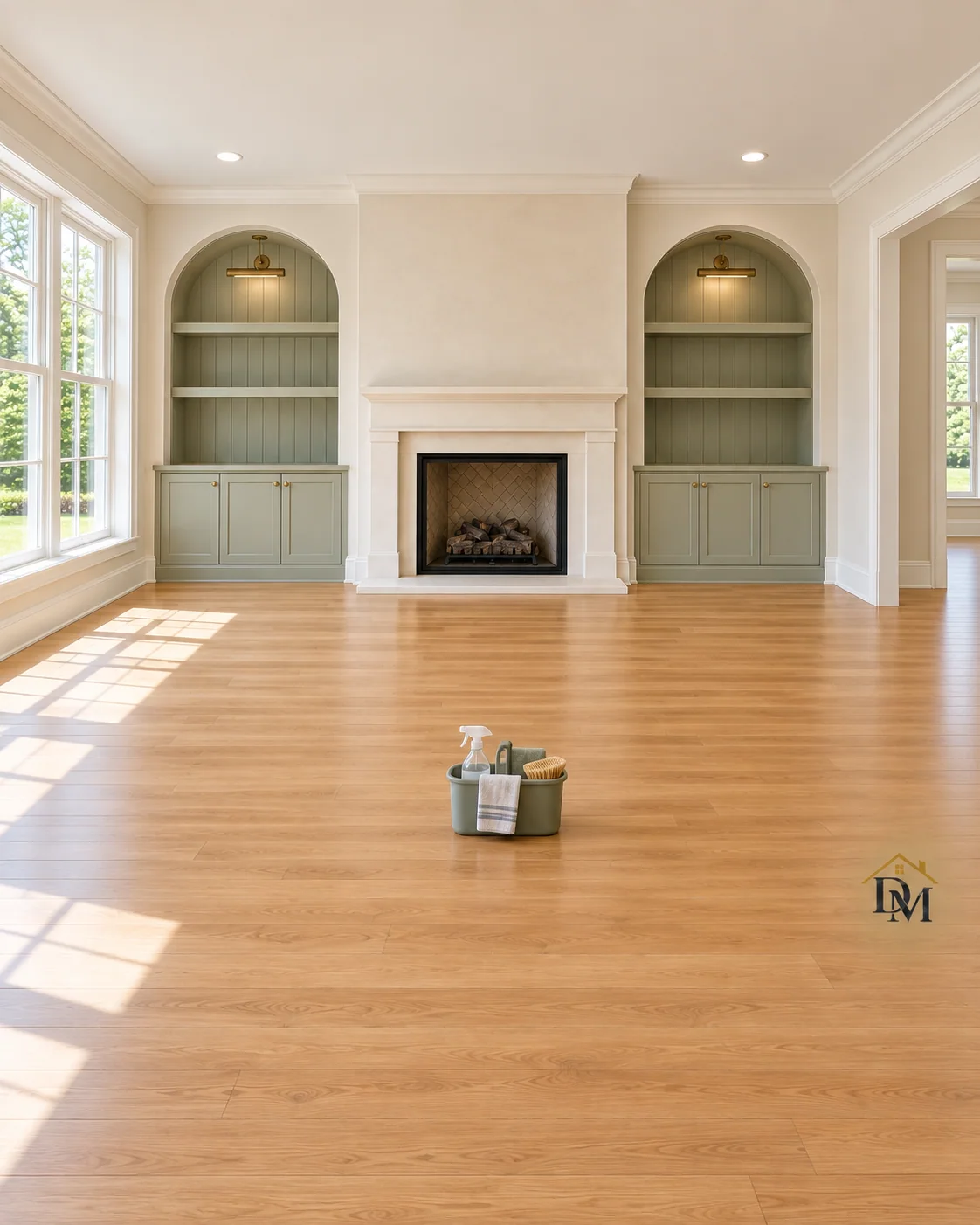 At handoff, view A: cleaning caddy on the floor of the empty fireplace room.