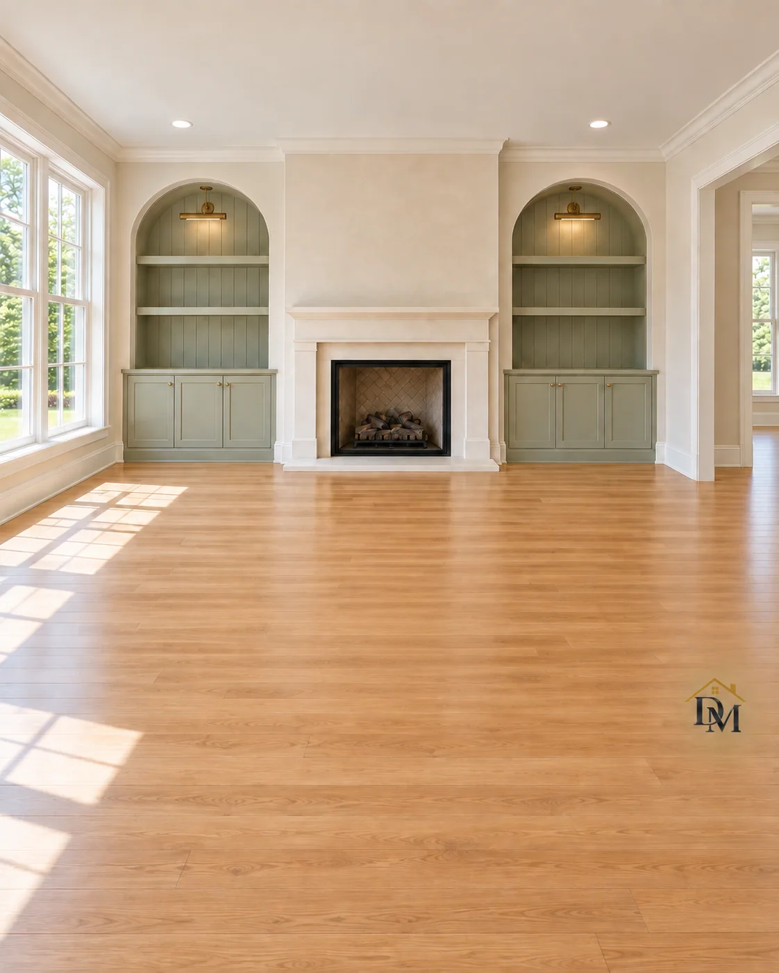 At handoff, view B: fireplace room empty and floor clear.