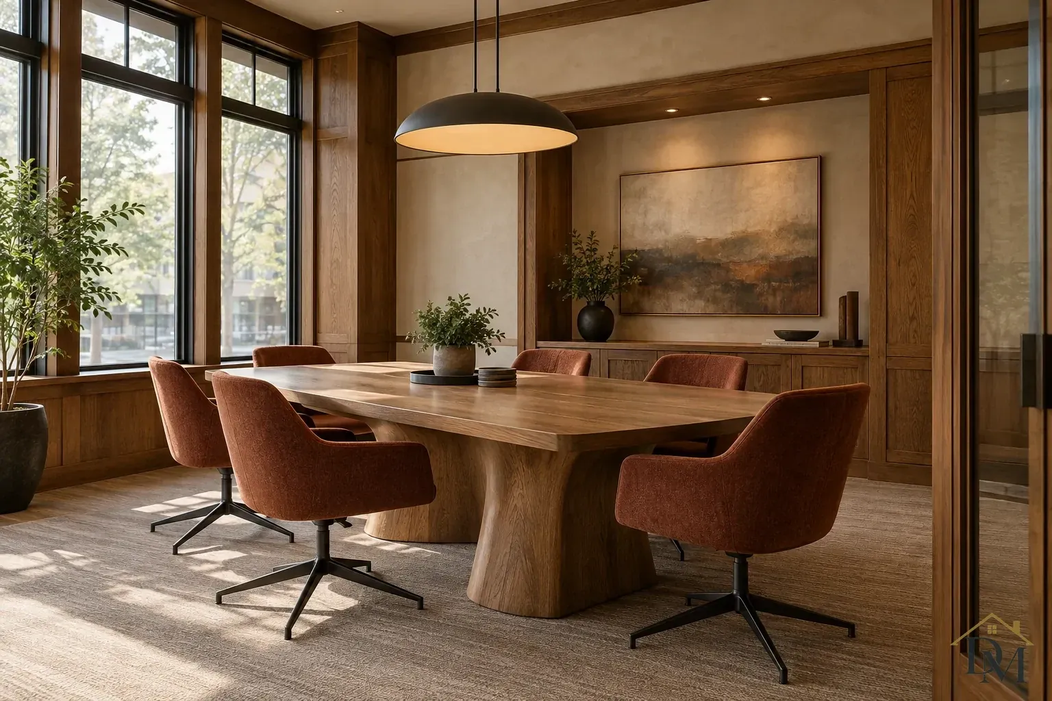 Wood conference table with rust-colored chairs beneath a dark dome pendant, beside tall windows and wood wall panels.