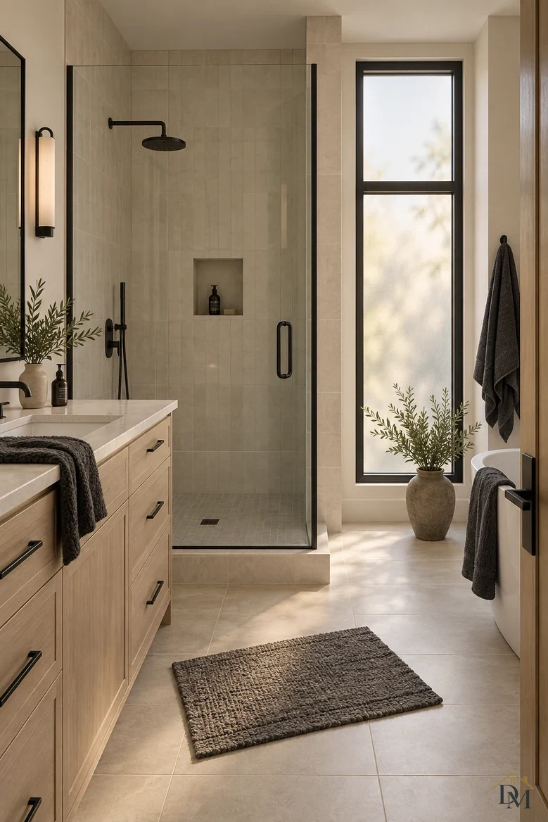 Before: a charcoal towel draped over the counter and the bath mat set at an angle.