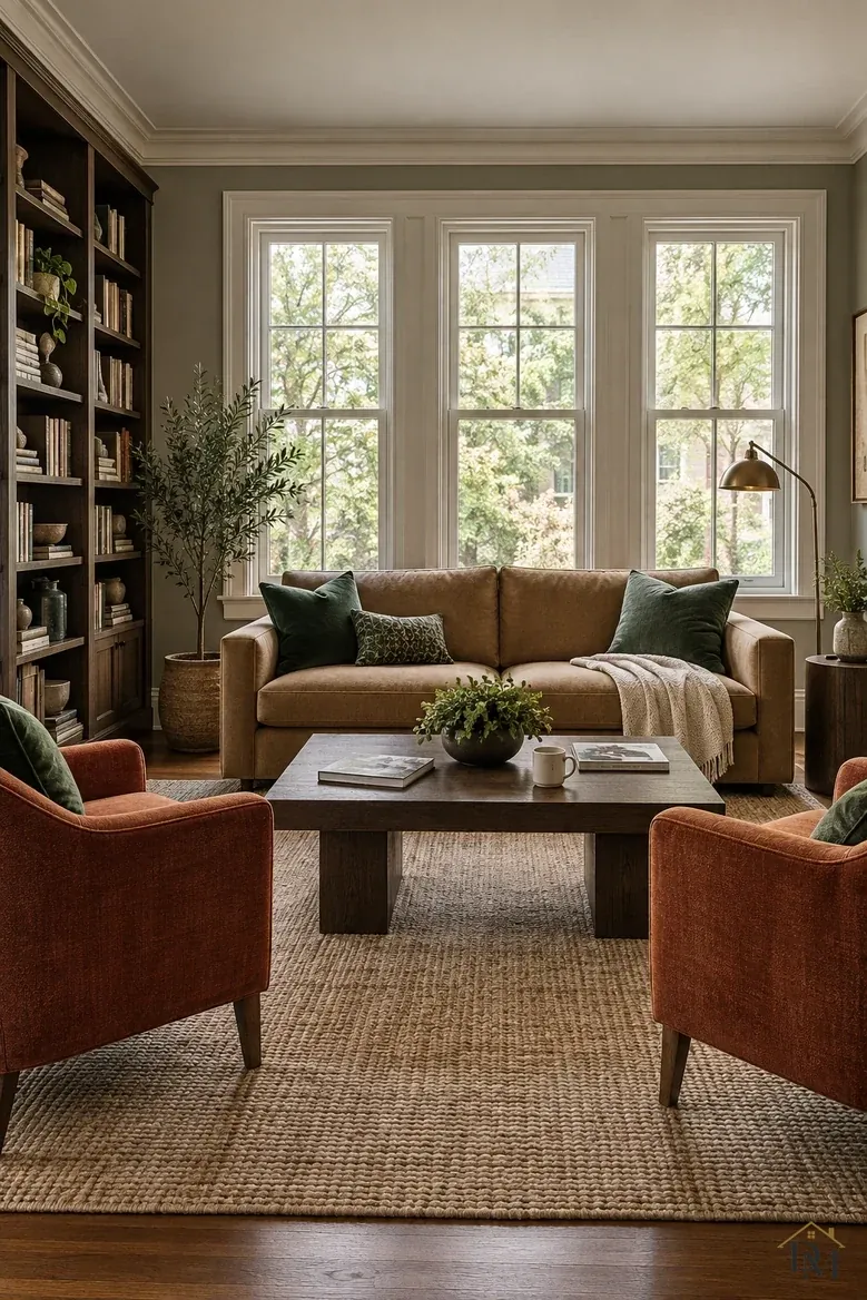 Before: a white mug and two books on the dark coffee table, a cream throw over the tan sofa.