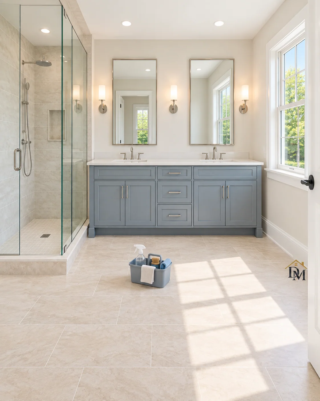 Before move-in: caddy on the tile in front of the gray double vanity.