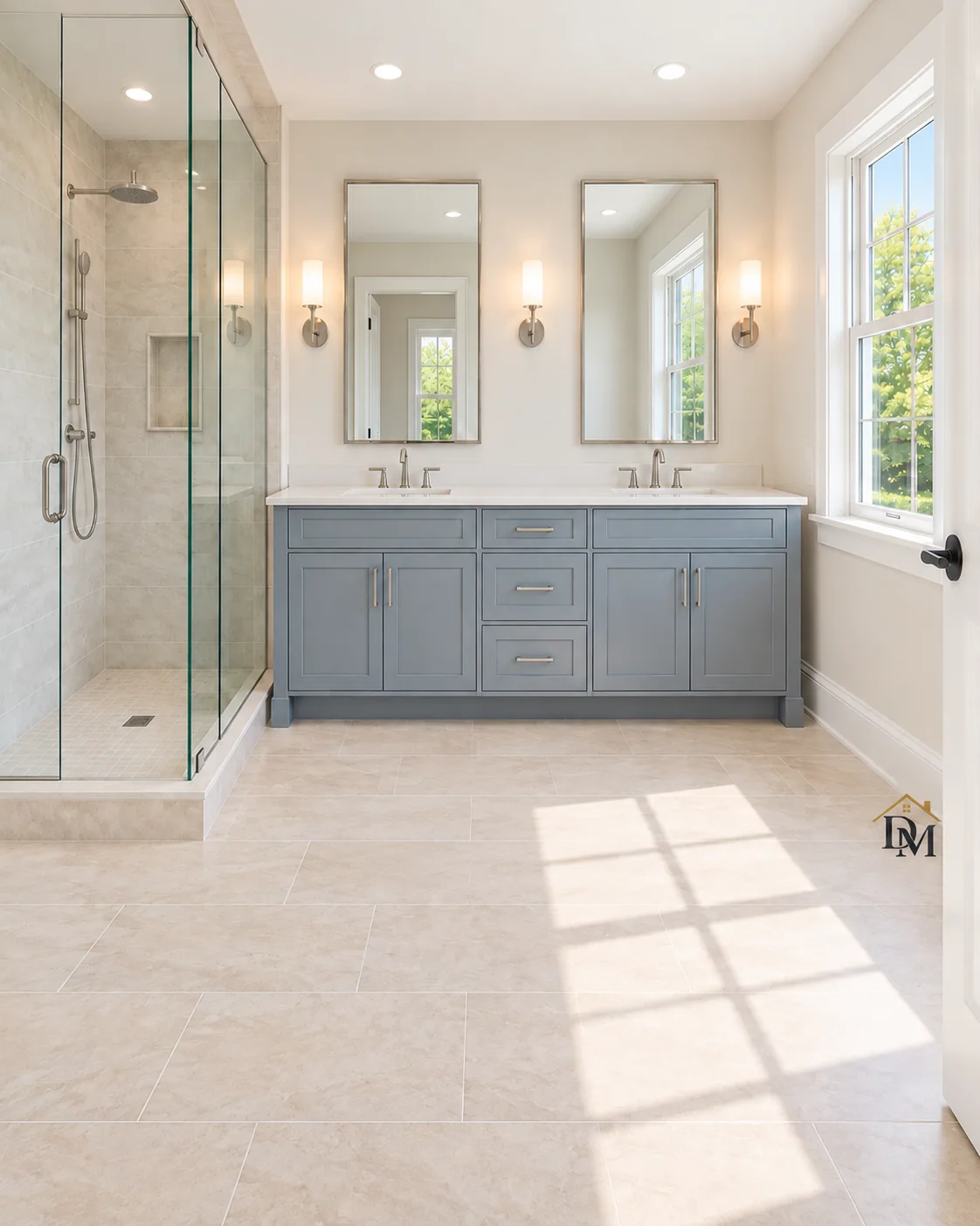 Ready for your towels: pale tile clear in front of the gray vanity.