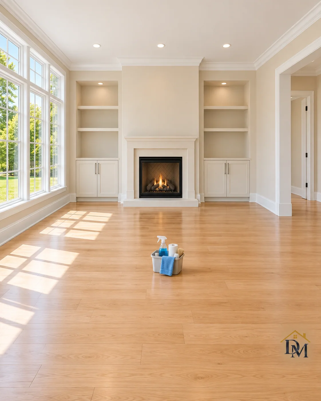 Before move-in: our supply caddy on the oak floor facing the fireplace.