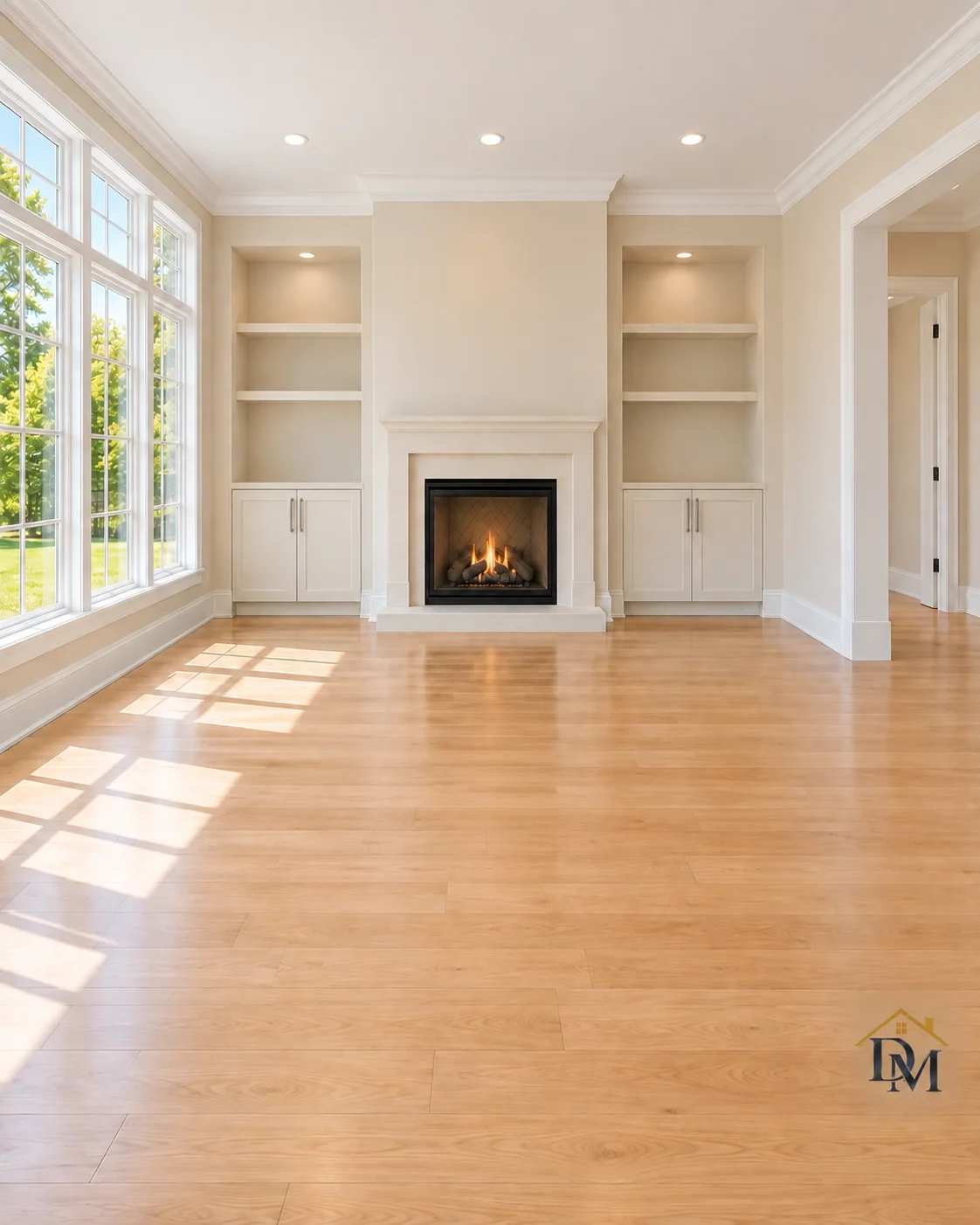 Ready for your sofa: caddy lifted, oak boards bare by the gas fire.