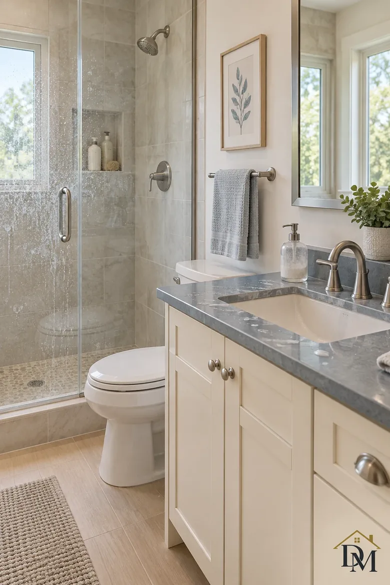 Inside the unit, view A: towel hanging off the vanity counter.