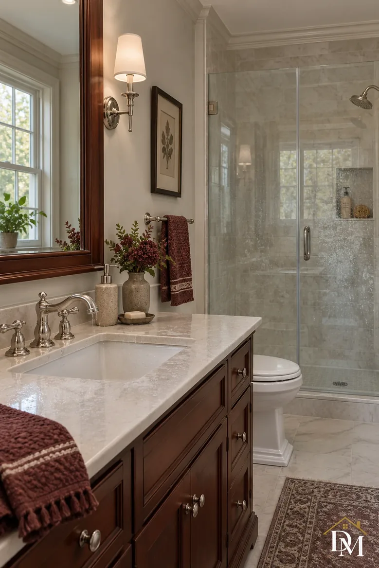 A towel over the vanity edge, in the way of the basin area.