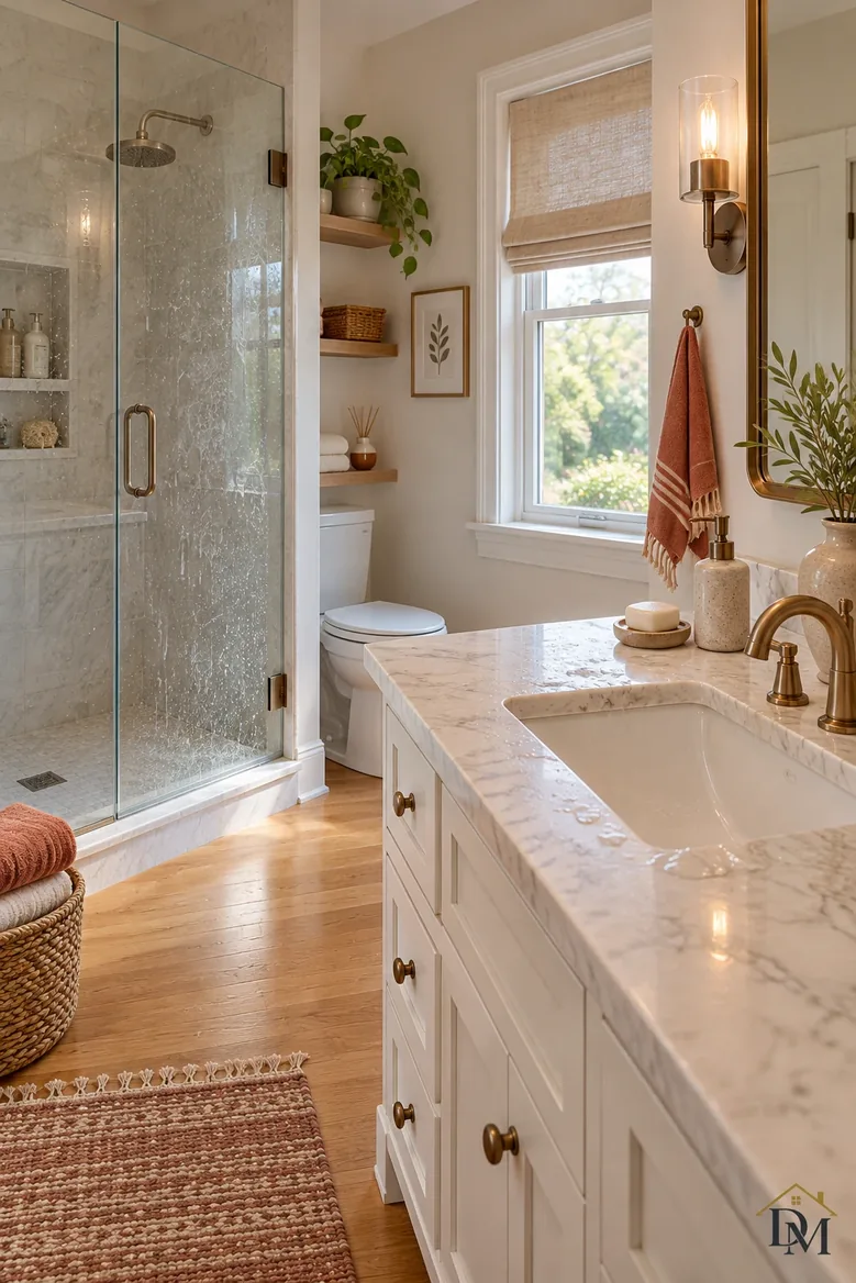 Mid-week: a towel ends up draped over the vanity.