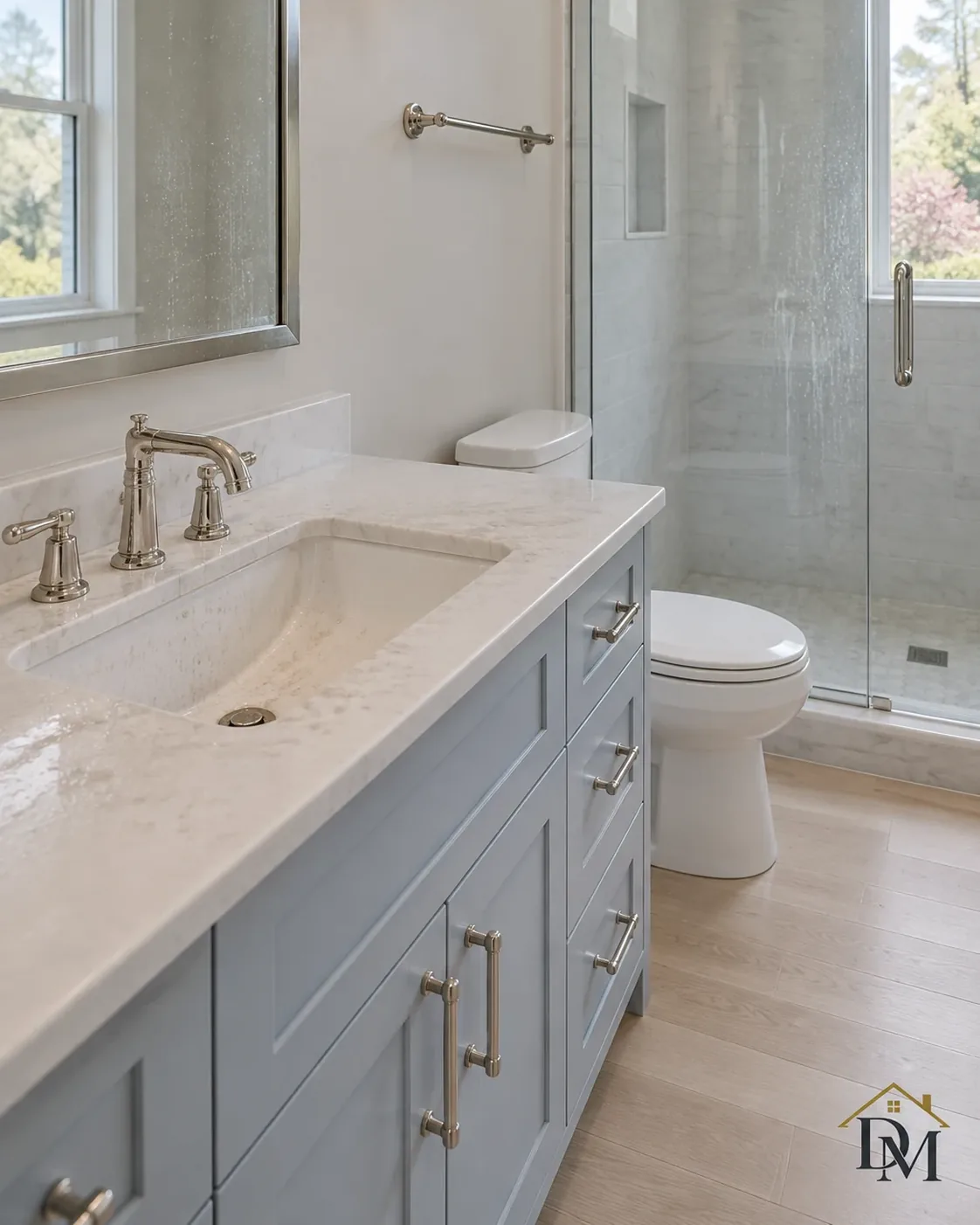Before move-in: caddy on the tile between the shower and blue-gray vanity.