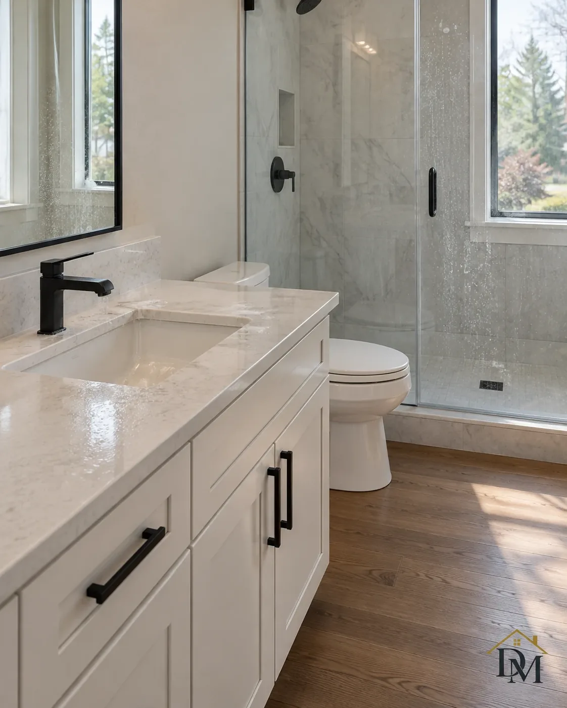 Handover, view A: supplies on the tile of the empty bathroom.