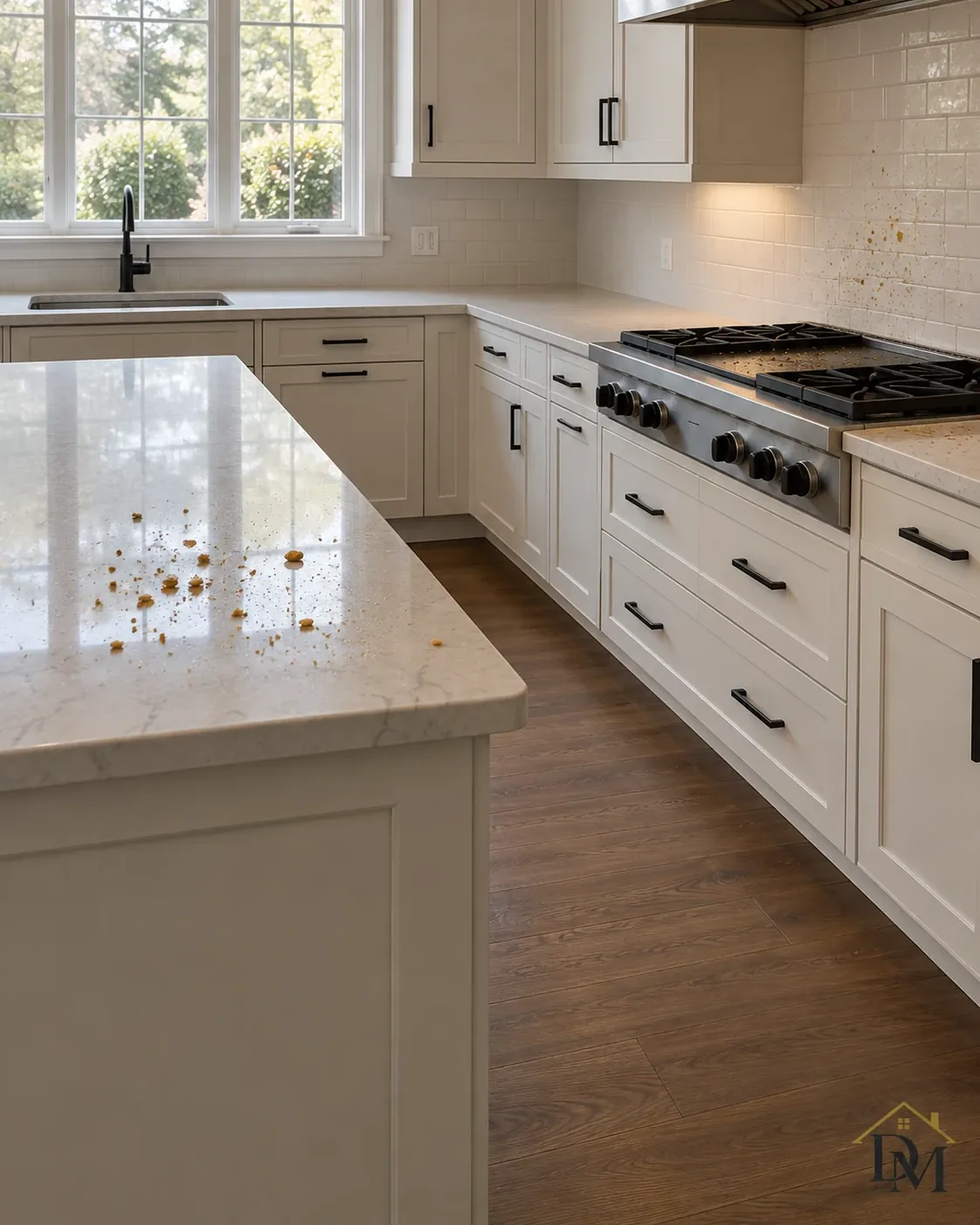 Handover, view A: the cleaning caddy on the bare oak floor.
