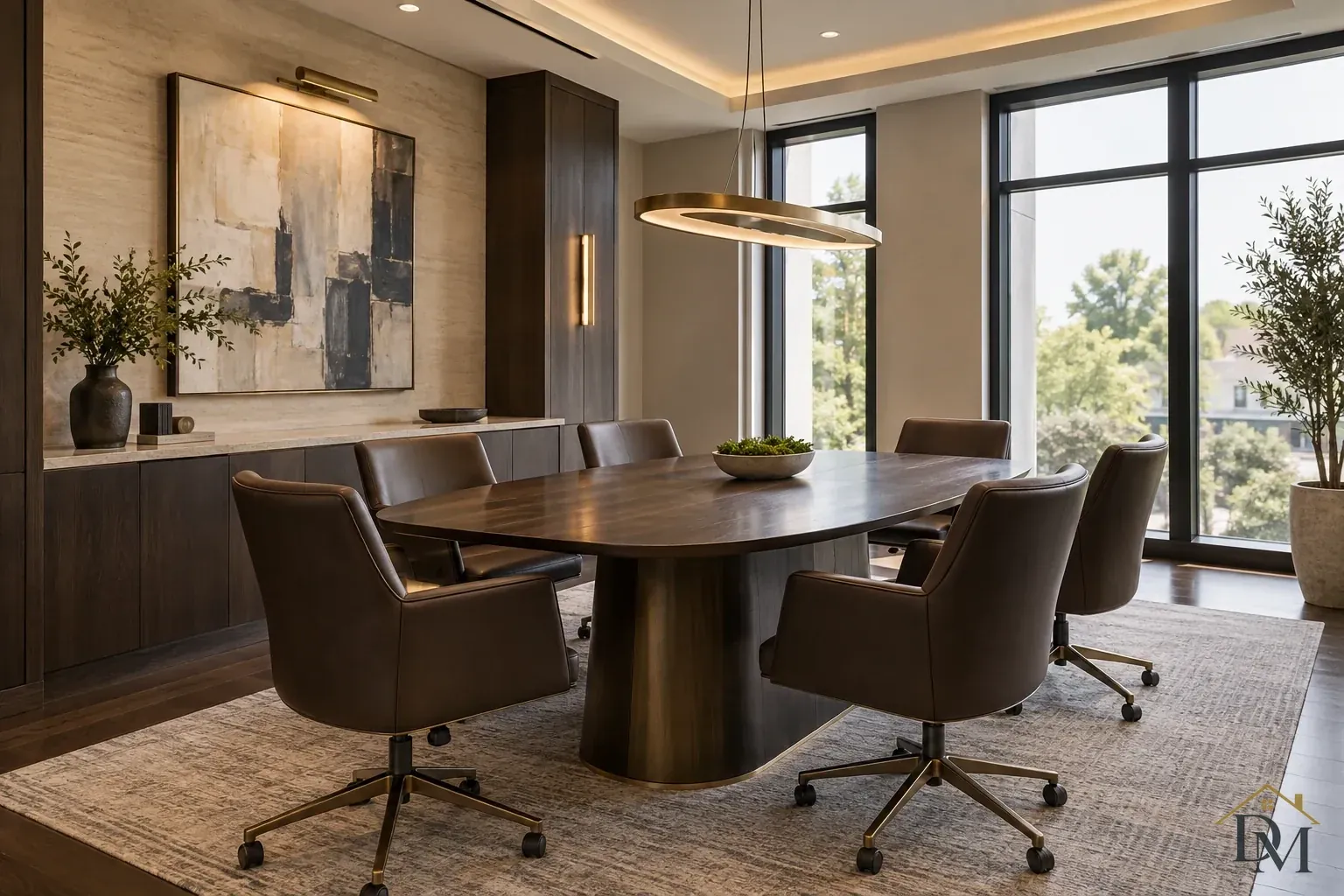 Dark wood conference table with brown rolling chairs, an oval pendant and tall black-framed windows.