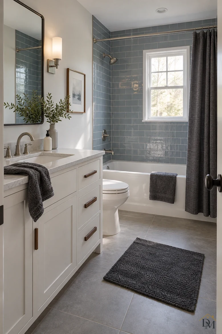 View A: a gray towel hanging over the vanity edge beside the basin.