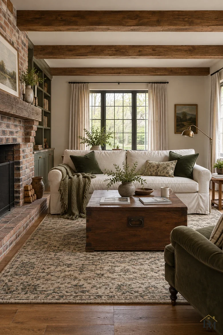 View A: a green knit throw on the sofa, books and a mug on the wooden trunk table.
