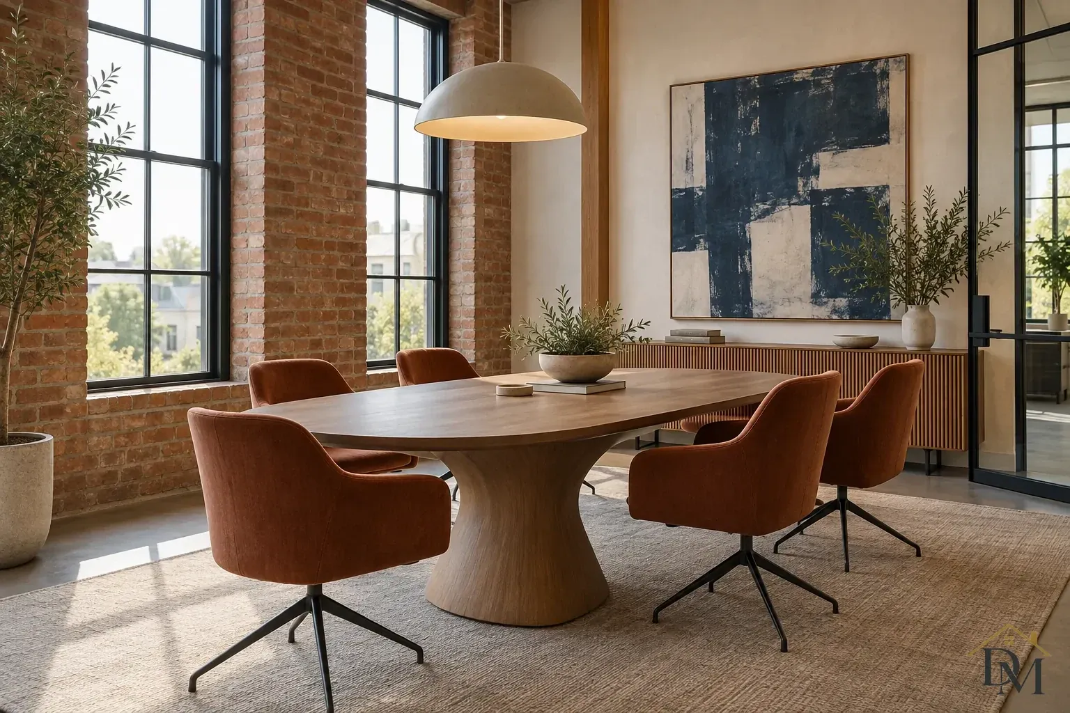 Oval wood conference table with rust-colored chairs, a dome pendant and tall black-framed windows beside exposed brick.