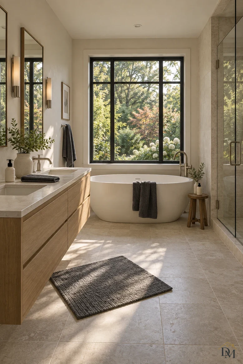 Before: the gray bath mat sits crooked on the stone tile by the vanity.