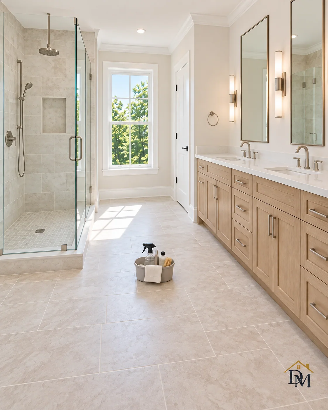 Before handover: supplies on the tile beside the long wood vanity.
