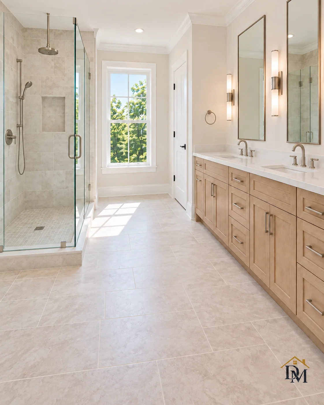 At handover: the double-vanity bathroom floor completely clear.