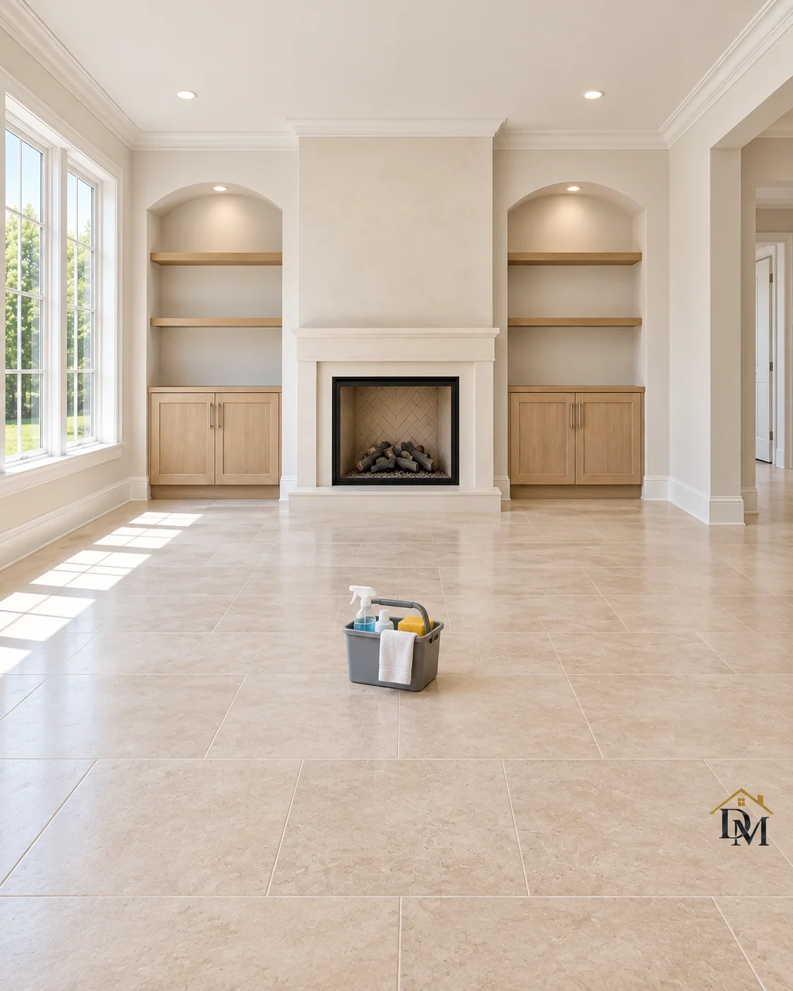 Before handover: the supply caddy sits on the empty room's tile.
