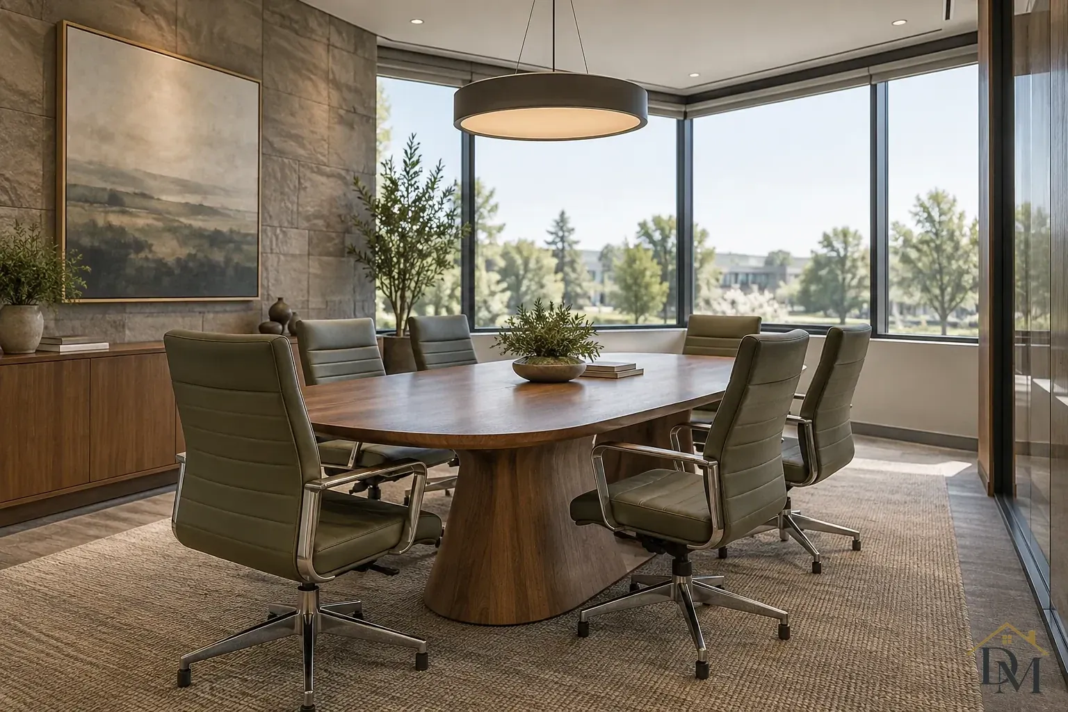 Wood conference table with olive rolling chairs, a dark circular pendant and broad corner windows beside a stone wall.