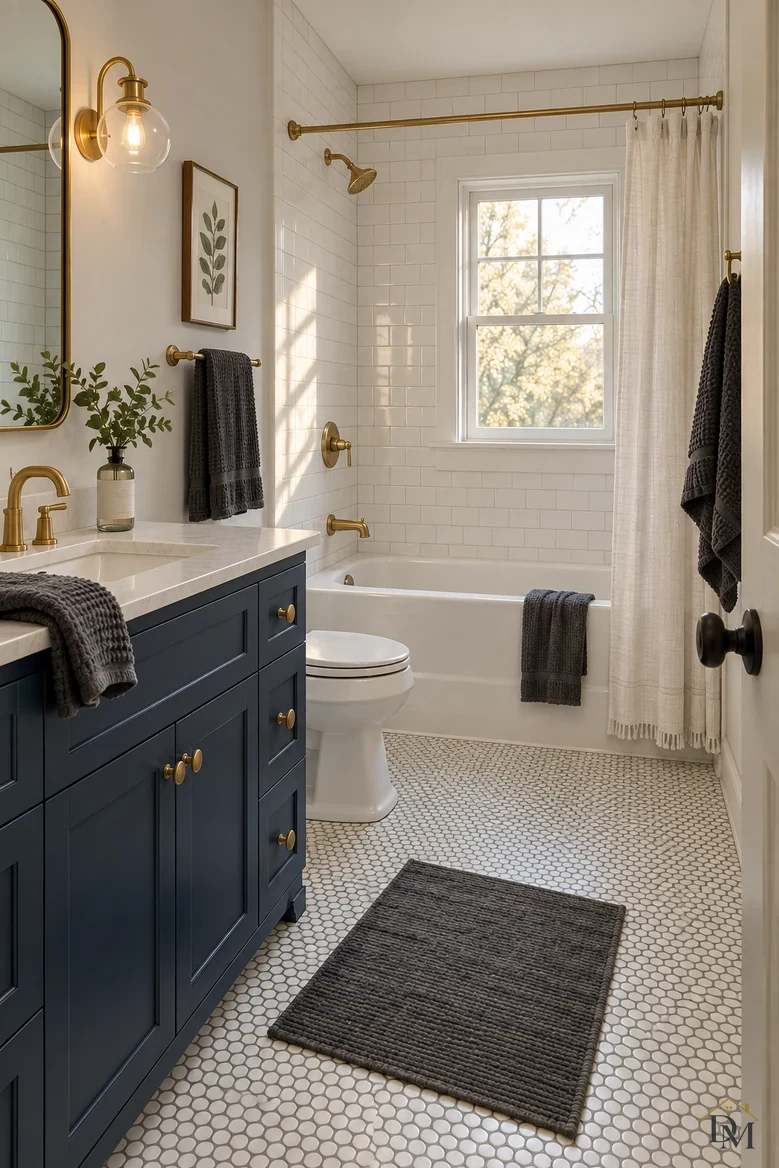 First view: a gray towel hanging over the navy vanity edge and the bath mat at an angle.