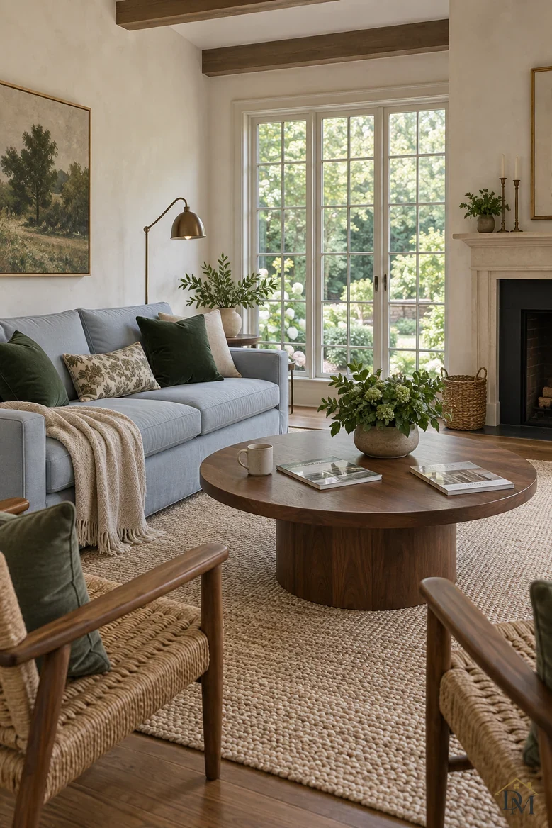 First view: a knit throw over the blue sofa, a mug and two magazines on the round walnut table.