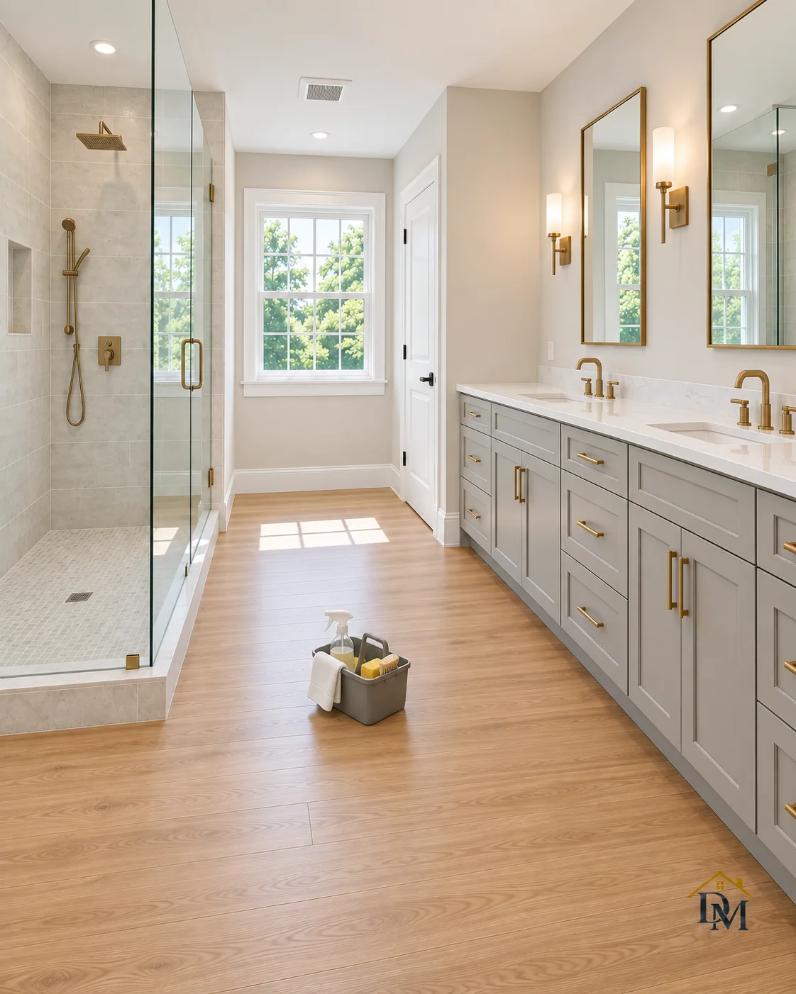 Before move-in: caddy on the floor between the glass shower and the gray vanity.