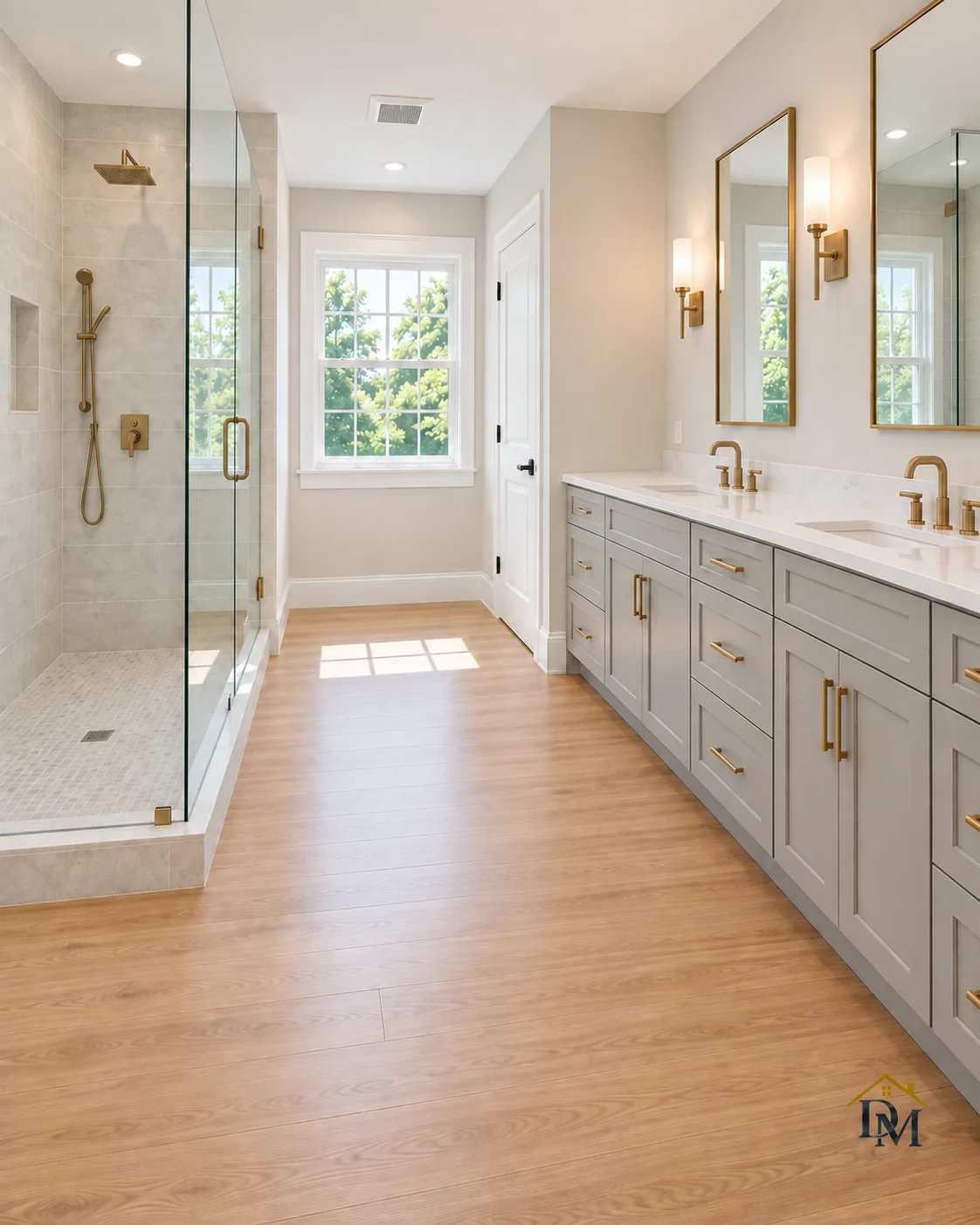 Move-in ready: nothing left on the floor by the gray vanity.