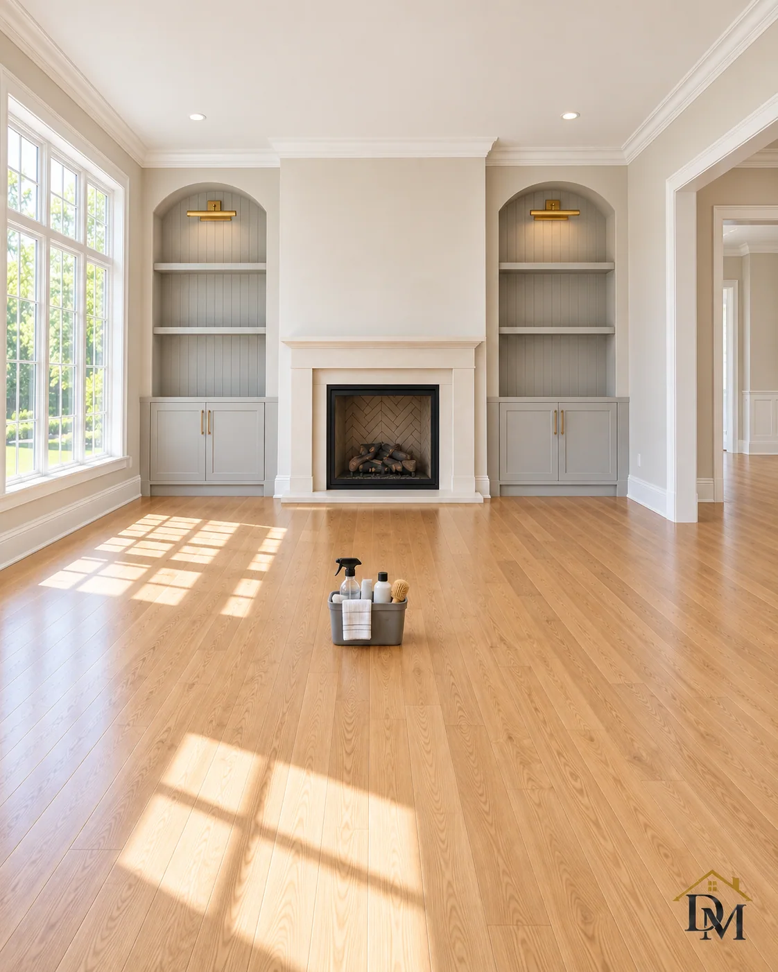 Before move-in: our cleaning caddy on the bare wood floor in front of the fireplace and arched shelves.
