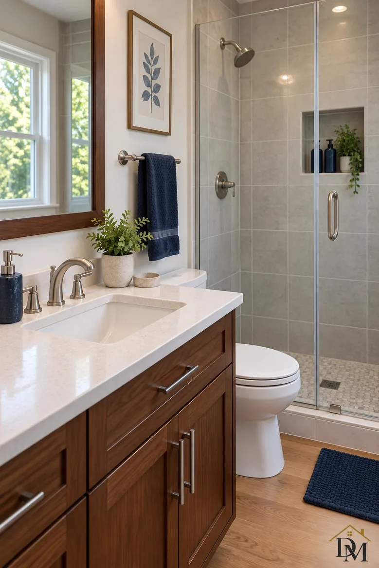 Ready for guests: towel folded, tub edge clear, mat set straight.