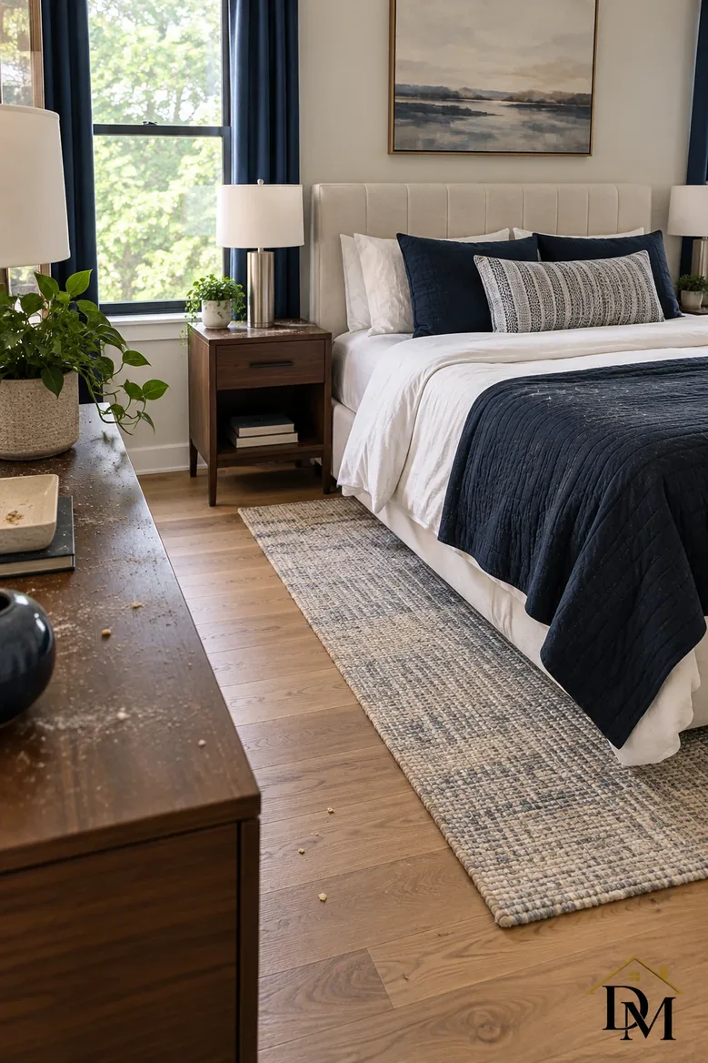 At checkout: throw left on the curved sofa, books and a cup on the marble table.