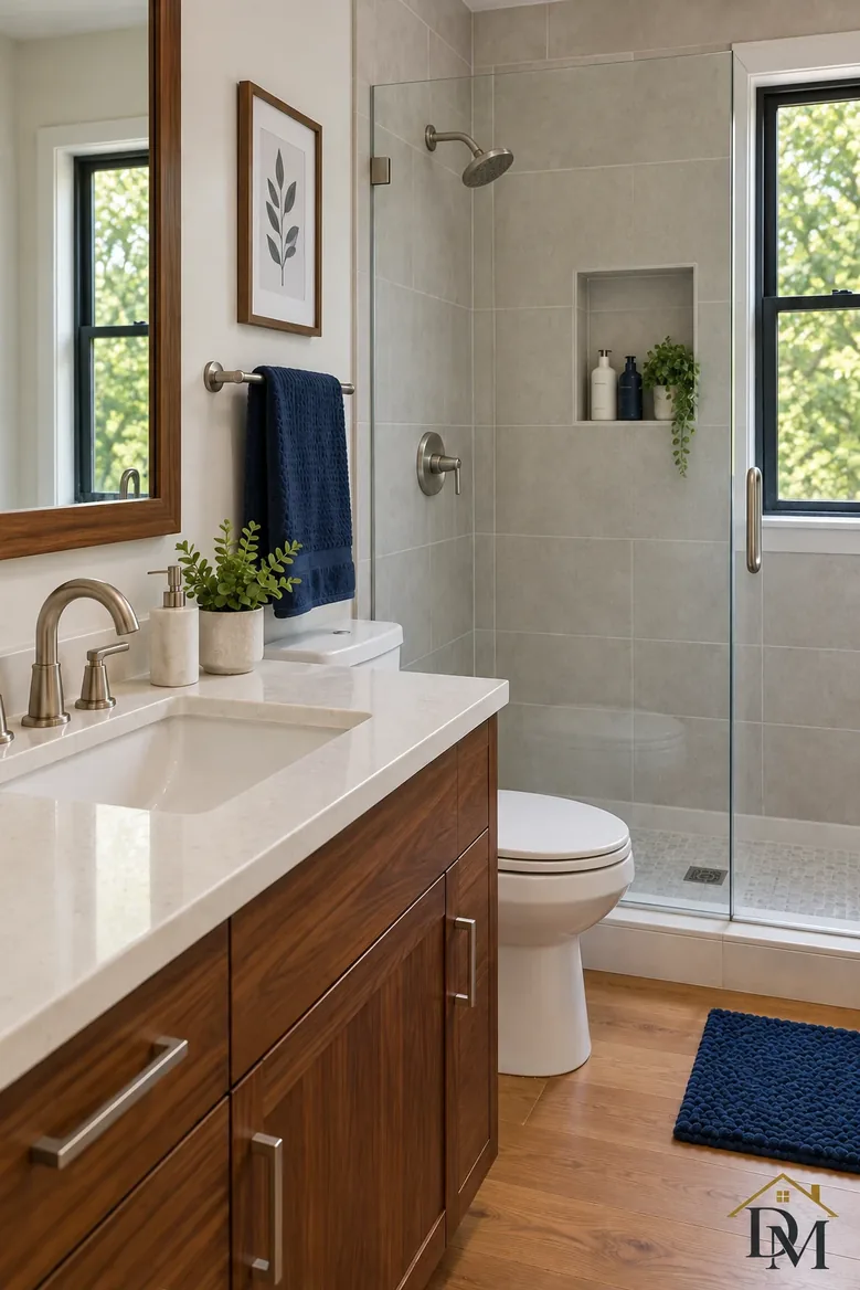 After: vanity clear, towel folded and the mat square to the tub.