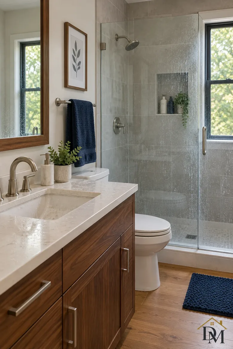 Before: towels over the vanity and tub, mat askew.
