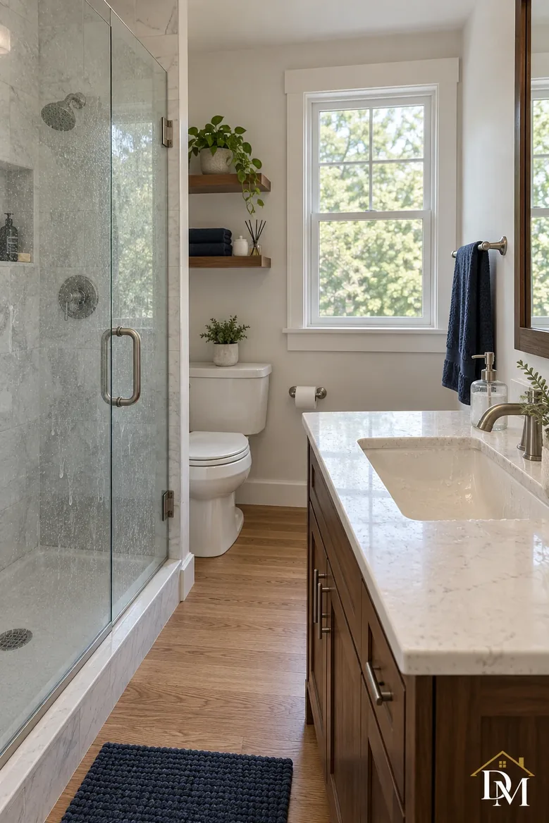 Towels over the counter and tub, mat blocking the terrazzo floor.