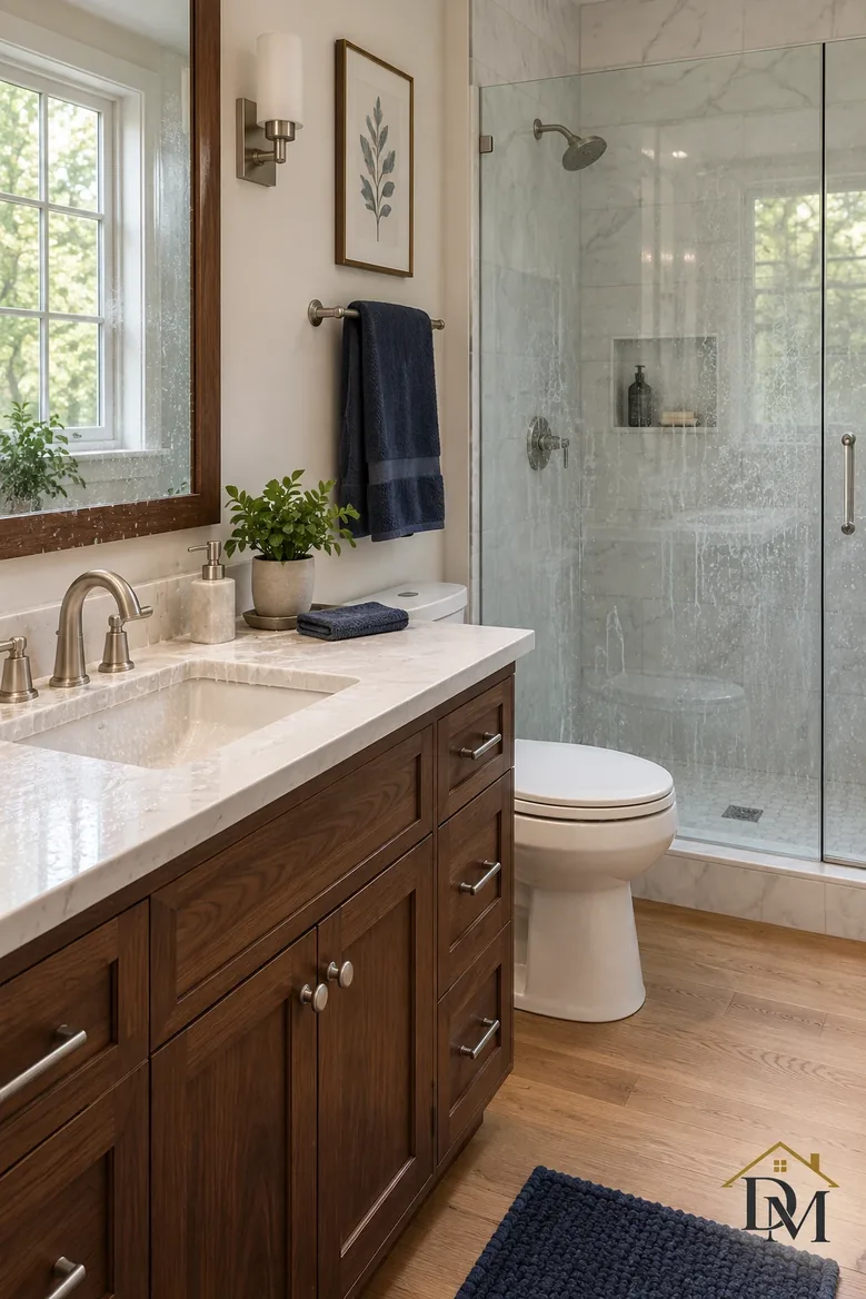 Mid-week: towels land on the counter and tub, the mat slides.